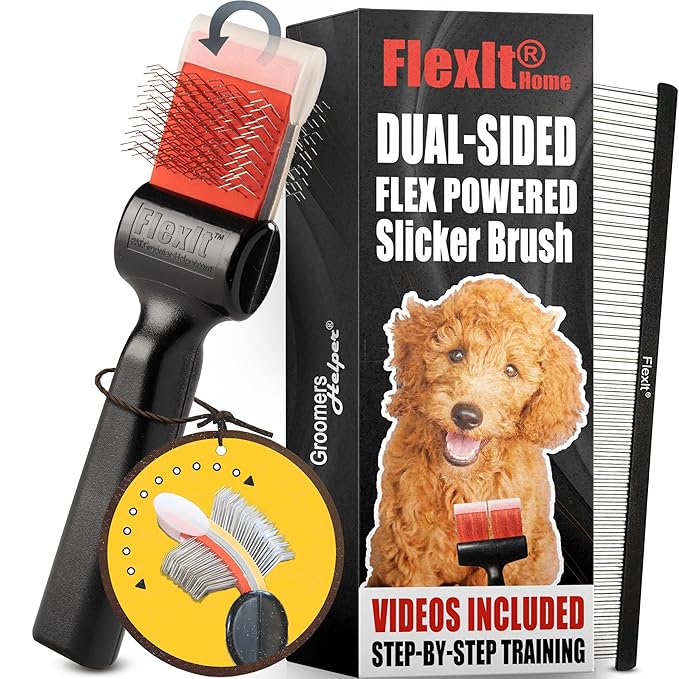 FlexIt Home - Flexible Slicker Brush for Dogs - Dog Grooming Brush for Poodles, Golden Doodles, Huskies, Retrievers, and Labradoodles - Professional 3-in-1 System & Video Trainings (Single, Soft Flex)