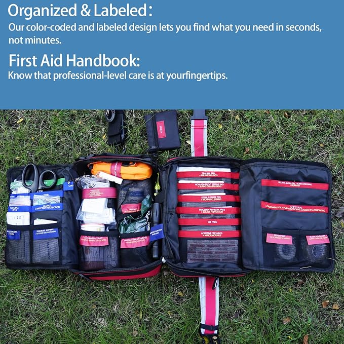 Besst Survivor 401 Pieces First Aid Kit with 2 Chest Seals & Israeli Bandage -Waterproof, Expandable Trauma Bag for Home, Car, Camping, Outdoor Emergency (Labeled Compartments, MOLLE Mountable)