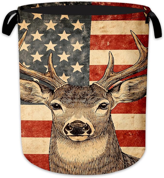 Retro Deer Laundry Hamper, American Flag Laundry Baskets, Waterproof Oxford Cloth for Room/Bathroom/Bedroom/Dormitories 16x20.8 Inch