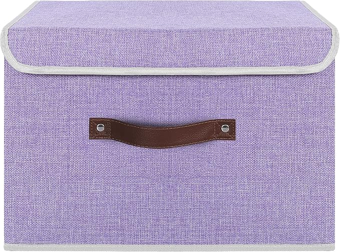 ANMINY Fabric Storage Box Bins with Lids, Purple, 15"x10"x10" | Keepsake Memory Storage, Cotton Linen, PP Board Reinforced, Washable, PU Handles, Foldable & Stackable, Decorative, Large