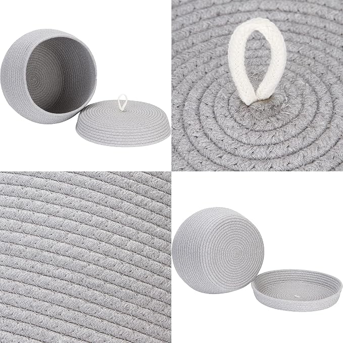 Sea Team Round Woven Cotton Rope Storage Basket with Lid, Gray | Lidded Knitted Decorative Storage Bin, Pot, Caddy, Organizer, Container for Snacks, Towels, Plants, 13 x 9 Inches