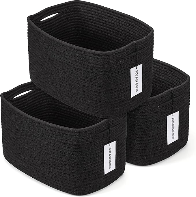 XUANGUO Woven Cotton Rope Storage Baskets 15x10x9.3" 3 Pack Black | Decorative rectangular storage baskets for shelves and closets; storage bins organize clothes, toys, books and nursery items.