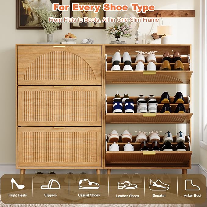Shoe Storage Cabinet with 3 Flip Drawers, Narrow Wood Shoe Organizer Cabinet with Fluted Panel, Slim Shoe Rack for Entryway, Freestanding Shoe Cabinet for Living Room, Hallway, Wood Color