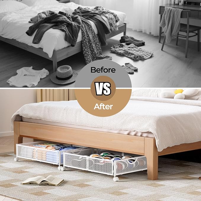 Yecaye Under Bed Storage with Wheels, 2 Pack Under Bed Shoe Storage, White | Sturdy All-Metal Frame, Foldable, 360° Rolling Wheels, Tool-free Assembly, Underbed Storage Drawers for Shoes, Toys, Clothes