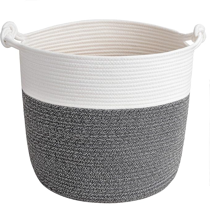 Goodpick Woven Rope Blanket Basket Living Room, 40L, Dark Grey | Baby Laundry Basket with Handles, Holds Clothes, Blankets & Pillows,Toys Storage for Kids