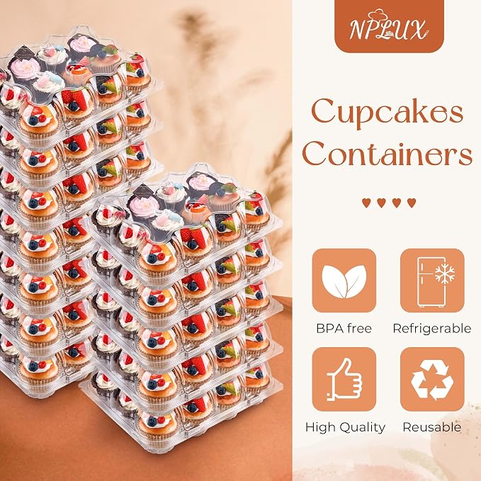 NPLUX 6Pack 12Count Cupcake Containers Clear Plastic Stackable Tall Lids | 6 Pack Hold 72 Cupcakes, Standard Size Clear BPA Free Plastic, Tall Dome Frosting Room, Stackable for Wedding Events