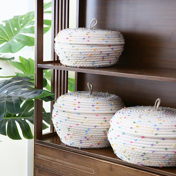 Sea Team Round Woven Cotton Rope Storage Basket with Lid, Rainbow | Decorative Colorful Pompom Knitted Storage Bin, Pot, Caddy, Organizer, Container for Snacks, Towels, Plants, 10 x 7.5 Inches