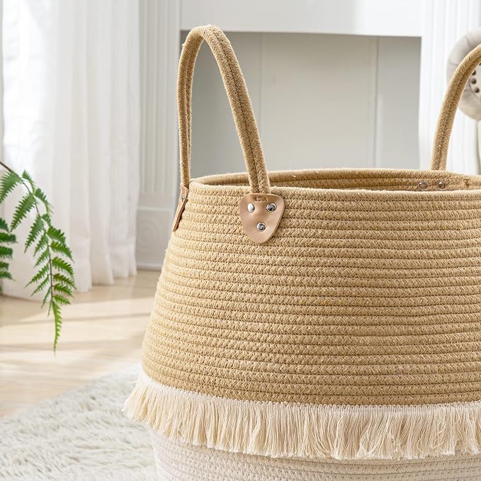 KAKAMAY Woven Baskets for Storage(17"x17"),Large Cotton Rope Woven Baby Laundry Hamper,Collapsible Laundry Basket, Blanket Basket for Organizing Living Room,Nursery,Pillows,Toy Chest(Beige)