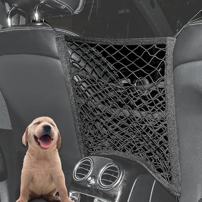 15.7×13.7" Mesh Car Organizer (3 Layers) | Between-Seat Storage Net with Pet Barrier, Holds Tissue, Purse & More – Fits SUV/Truck/Van