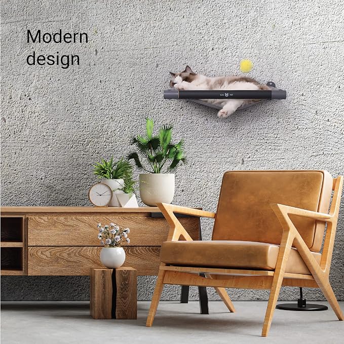 Cat Hammock Wall Mounted with Toy, Soft Padded & Comfortable Cover Premium Wall Furniture. Modern Design Cat Shelf. Supports up to 40 lbs (Comfy Plus, Dark Grey)