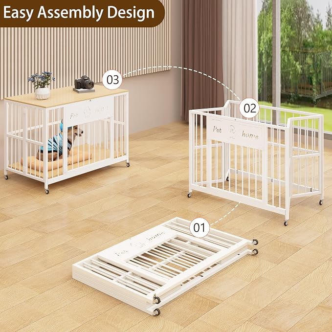 39" Foldable Dog Crate Furniture, Natural Wood | Wooden Construction, RGB Ceiling Lights, Silent Casters, Multi-Purpose End Table TV Stand, For Small Medium Dogs