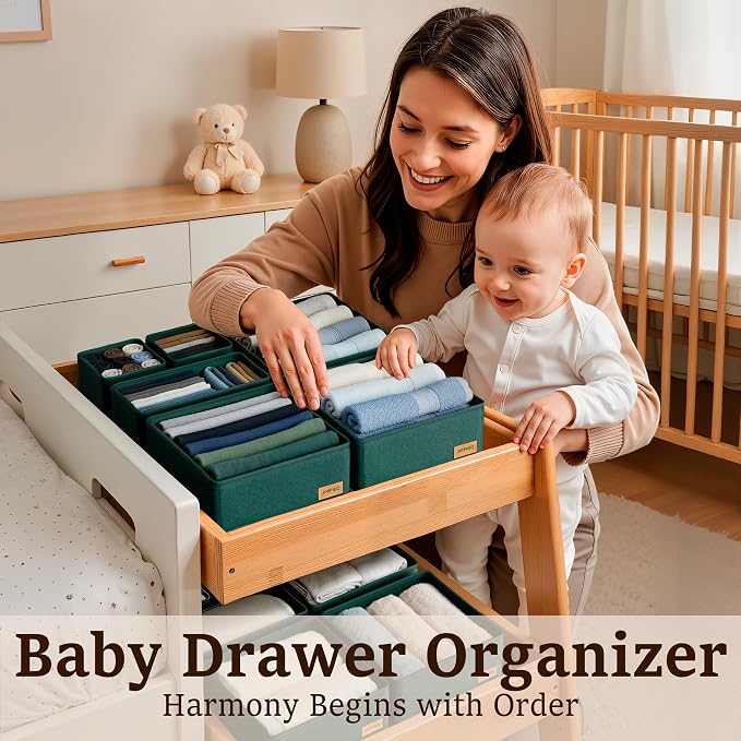 Dresser Drawer Organizer Clothes, 6 Pack Foldable Storage Boxes with Zipper, 600D Fabric, Green, Drawer Dividers for Underwear, Socks, Baby Clothes