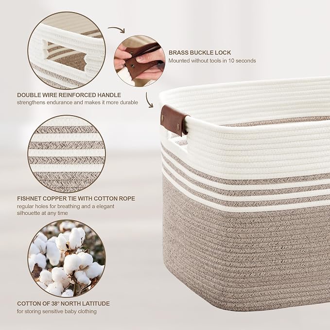 86L Large Woven Laundry Basket Hamper with Leather Handles,Brown | collapsible wicker hamper, storage for dirty clothes, toys, blankets, gifts, living room, bedroom, bathroom, 24"x16"x14"