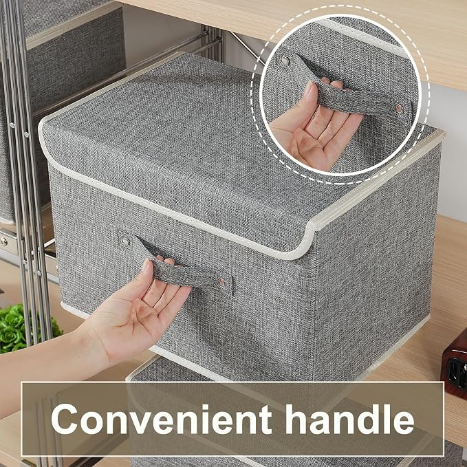 Foldable Fabric Storage Cubes with Lids,Grey 15x9.8x9.8in,3 Pack | Storage Bins with Handles,PP Panel Closet Organizers,Washable Boxes,Collapsible Fabric Container for Underwear and Socks