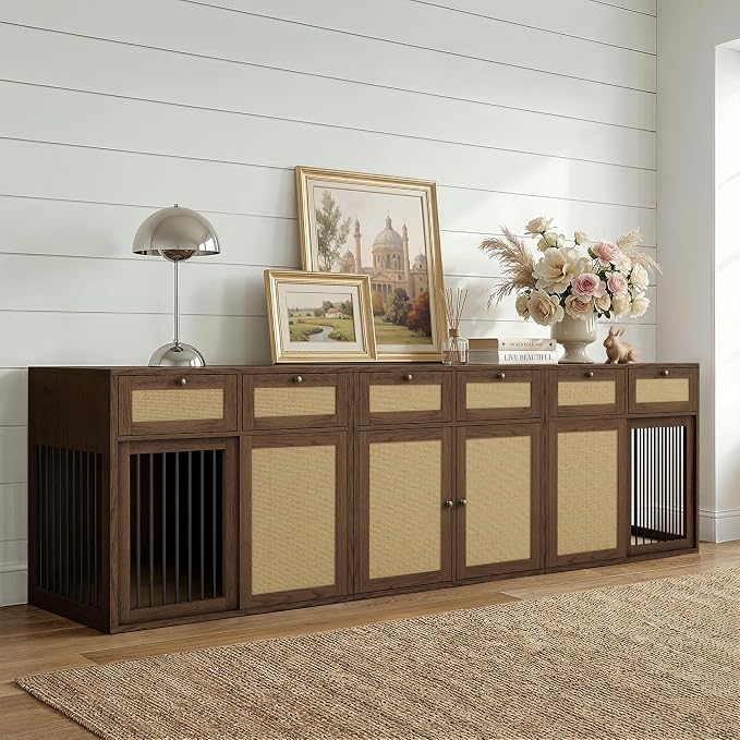 PureCozy 3-Piece Double Dog Crate Furniture, 120 Inch, Dark Oak | Left and right kennels for 2 dogs plus center cane storage cabinet; metal sliding doors and 6 total drawers.