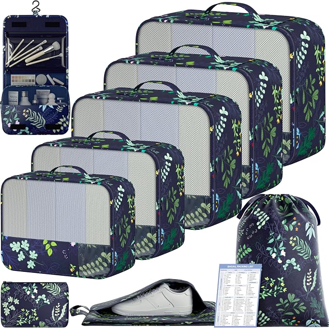 BAGAIL 9 Set Packing Cubes with Packing List Luggage Packing Organizers for Travel Accessories (Navy leaf)