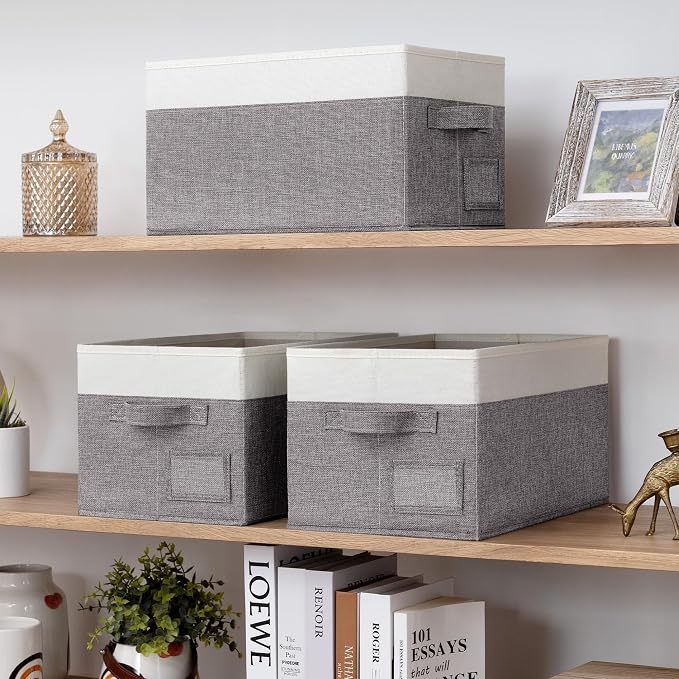 GRANNY SAYS Closet Storage Bins with Label, Gray&White, Medium, 3-Pack | Fabric Storage Bins, Closet Storage Bins for Clothes, Shelf Storage Baskets with Handles, Collapsible Storage Boxes