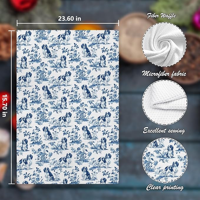 Chinoiserie Cavalier King Charles Spaniel Kitchen Towels Set of 2,Blue and White Floral Cavalier Spaniel Decorative Hand Towels,Grandmillennial Dog Hand Towels for Kitchen Bathroom,16x24 Inch