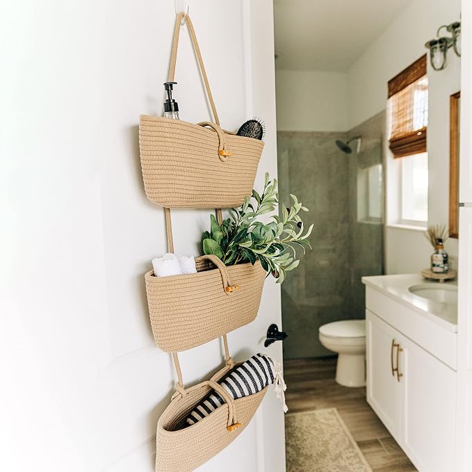 OrganiHaus Over the Door Organizer, Woven Rope Hanging Baskets, 3-Tier | Cotton Wall Storage Basket For Nursery Decor, Entryway, Bathroom, Playroom Or Dorm, Mounts On Door Or Wall, Honey