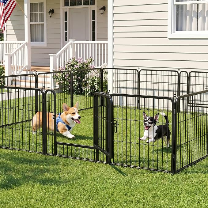 Metal Dog Playpen - 24" Height 16 Panels Foldable Exercise Pen for Dogs Indoor/Outdoor Pen with Door for Puppy Portable Pet Playpen Polygon Dog Enclosure (Black)