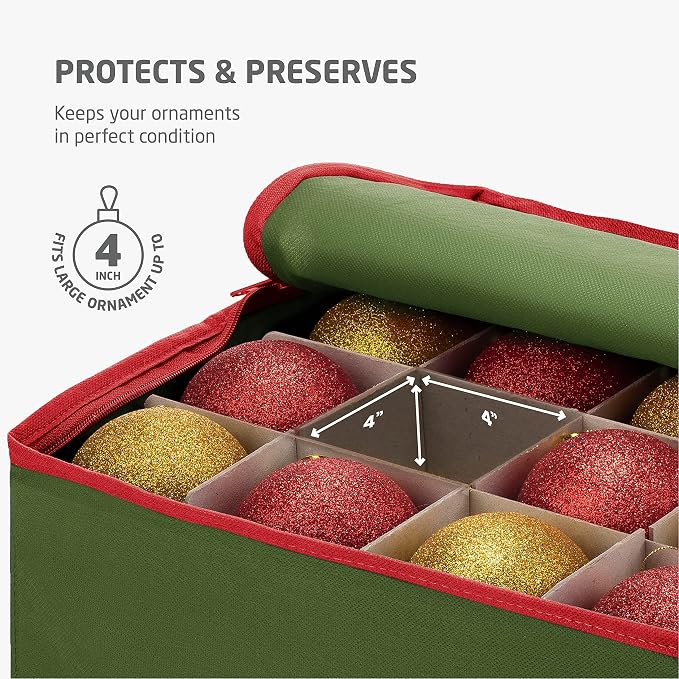 ZOBER Large Christmas Ornament Storage Box - Stores 54 4" Large Ornaments, With Dividers - Ornament Organizer Storage Box, Durable Christmas Containers Holder, Dual Zipper - Green