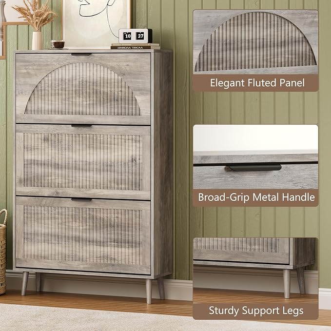 BORNOON Shoe Cabinet for Entryway with 3 Flip Drawers, Slim Wooden Shoe Storage Organizer with Modern Fluted Pannel，Freestanding Narrow Hidden Shoe Rack for Hallway, Foyer, Living Room