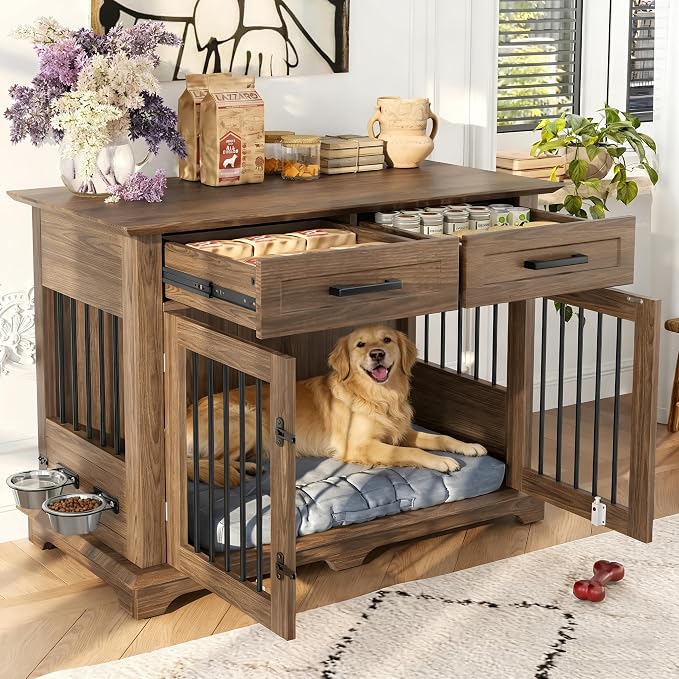 44.48" Large Dog Crate, 3-in-1 Wooden Dogs Crate End Table TV Stand Furniture with 2 Storage Drawers and Rotating Bowls, Decorative Pet House Dog Crates for Small/Medium Dogs, Brown