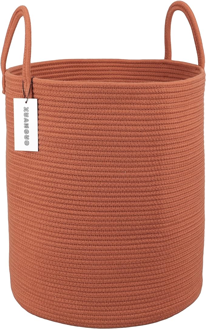 XUANGUO Cotton Rope Laundry Basket Hamper for Clothes Large Rust Red | Baby Nursery Hamper Bin and Woven Storage Basket for Living Room Bedroom Boho Tall Rope Baskets Blankets Toys Pillows Towels