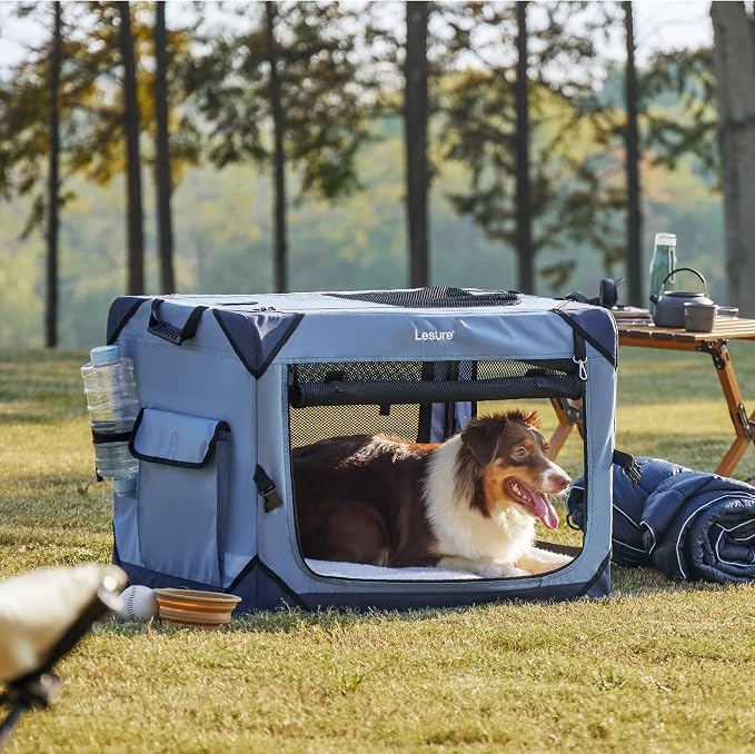 Lesure Portable Soft Collapsible Dog Crate for Medium Dogs, 30in Blue | Travel Camping Pet Kennel, 4-door, Indoor and Outdoor Use, Easy to Set Up and Fold, For Medium Breeds Up to 50lbs