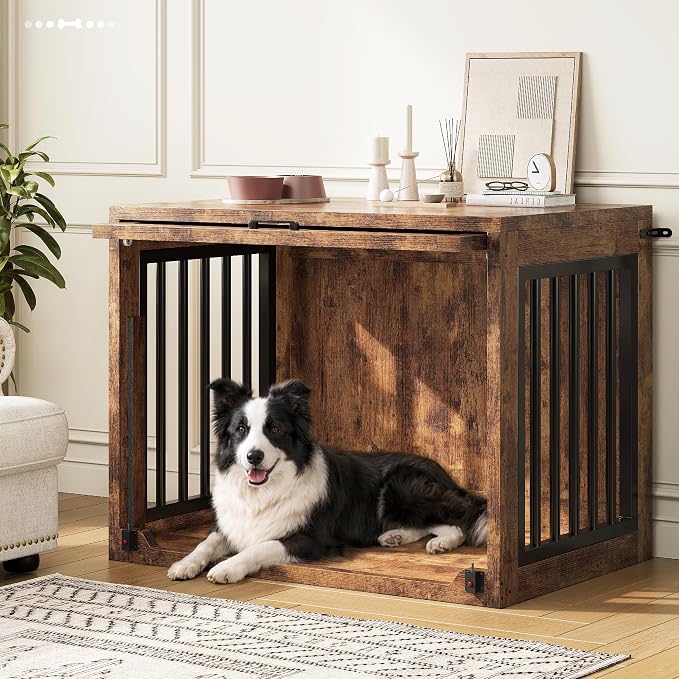 35" Wooden Dog Crate Furniture for Dogs up to 50 lbs, Medium Dog Kennel with Concealed Sliding Door, Heavy Duty Indoor Dog Cage with Safety Latch and Quiet Pads, Rustic Brown
