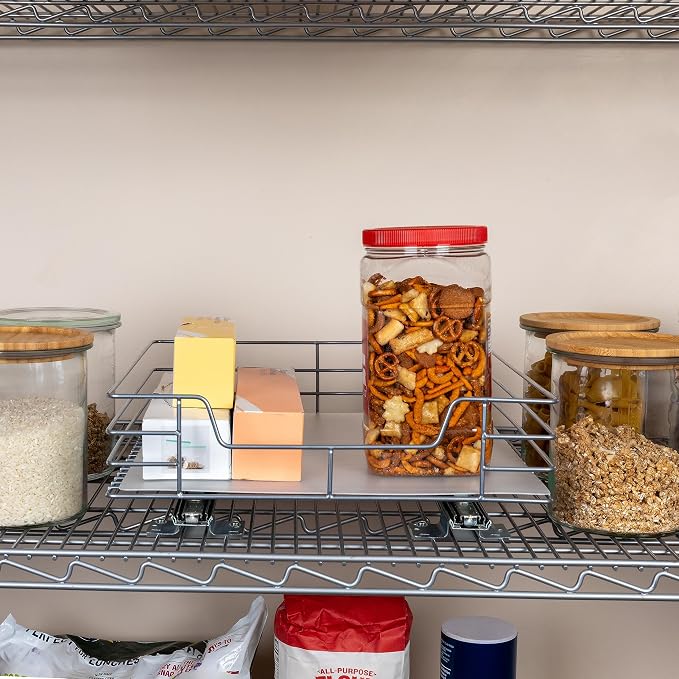Household Essentials Brushed Steel Pull-Out Pantry Organizer with Plastic Liner, Nickel Finish