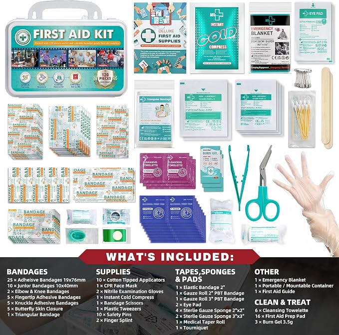 General Medi 120 Pieces Hardcase First Aid Kit - First Aid Box Includes Instant Cold Pack, Emergency Blanket for Travel, Home, Office, Vehicle, Camping, Workplace & Outdoor