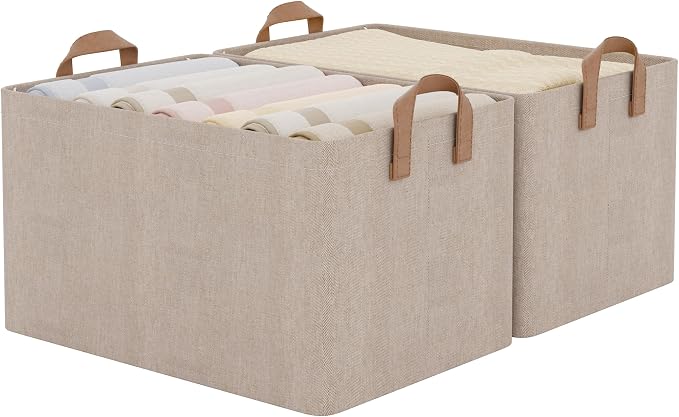 StorageWorks Large Fabric Storage Bins, Brown and Beige, 2-Pack | With Reinforced PU Handles, Metal Frame, Collapsible, Storage Basket for Shelves, Closet, Holds Clothes, Towels, Blankets