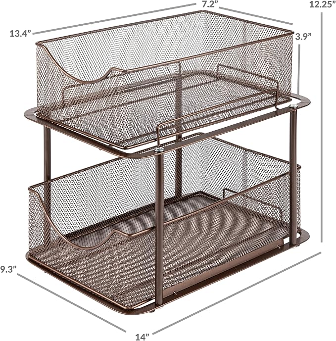 Sorbus Pull-Out Under Sink Organizer, Mesh Construction (Bronze, 1 Pack) | Two-tier metal organization with strong steel and sliding drawers for bathrooms, kitchens, cabinets, closets and pantries.