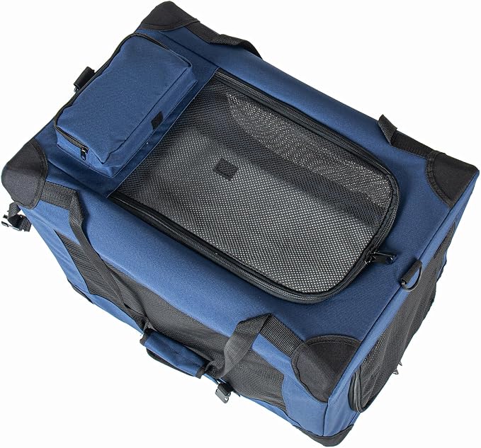 2 in 1 Rolling Dog Crate with Wheels, 24'' Collapsible Travel Pet Carrier for Medium Large Dogs, Portable Folding Kennel with 3-Door Design & Mesh Windows (Dark Blue + 40'')
