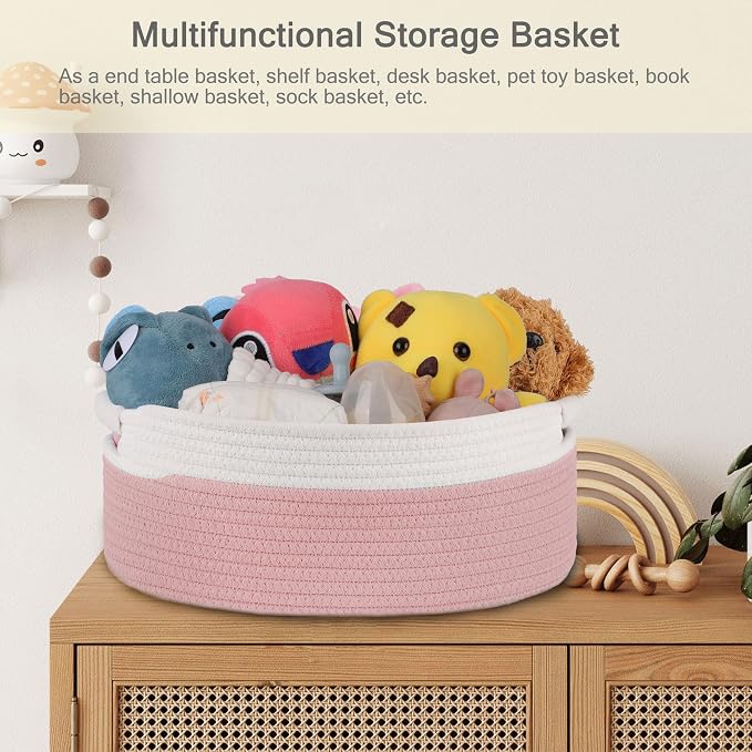 Small Woven Gift Basket with Bag & Ribbons, Dusty Pink | Cotton Rope, 13”x 9”x 5.5”, Fits for Kids, Women & Men, Bedroom, Living Room, Nursery & Bathroom Storage, Cat & Dog Toy Boxes