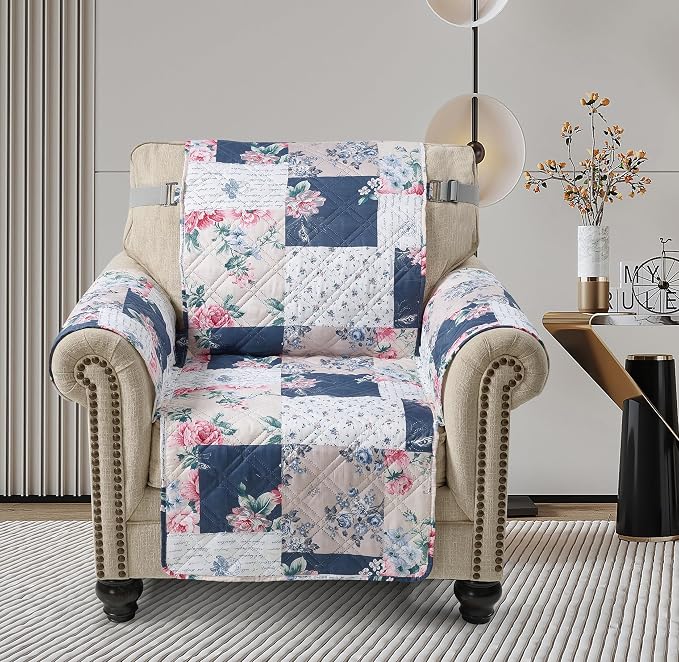 Brilliant Sunshine Vintage Blue & Pink Rose Toile Armchair Cover, 23" seat | Quilted Sofa Cover, Living Room & Bedroom Furniture Protector, Washable Chair Slipcover for Pets, Dogs & Cats