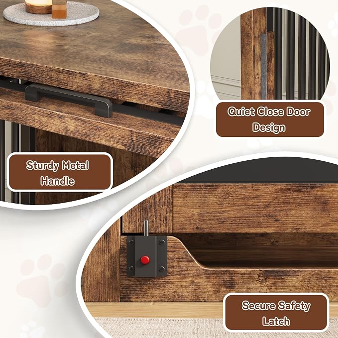 35" Wooden Dog Crate Furniture for Dogs up to 50 lbs, Medium Dog Kennel with Concealed Sliding Door, Heavy Duty Indoor Dog Cage with Safety Latch and Quiet Pads, Rustic Brown
