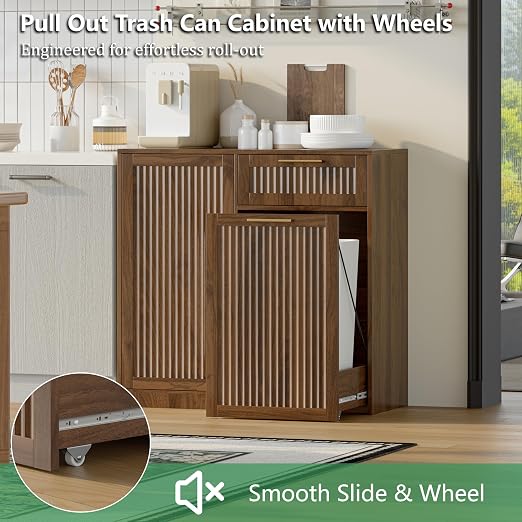 Single 13 Gallon Pull Out Trash Can Cabinet with Storage Cabinet,Walnut | Pet Proof Hidden Garbage Can Cabinet,3-Tier Shelves,Fluted Design,Extra Drawer Space,Kitchen & Dining Room Organization