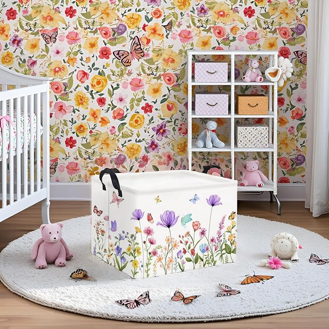 Rectangular Baby Girl Basket Kids Baby Storage Basket Storage Bin Organizer Box Room Decor(Purple Flower)