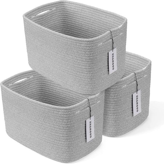 XUANGUO Woven Cotton Rope Storage Baskets 15x10x9.3" 3 Pack Grey | Decorative rectangular storage baskets for shelves and closets; storage bins organize clothes, toys, books and nursery items.