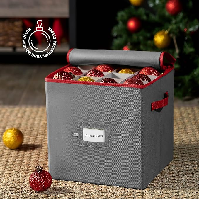 ZOBER Christmas Ornament Storage Box - Stores 64 3" Ornaments, With Dividers - Ornament Organizer Storage Box, Durable Christmas Containers Holder, Dual Zipper - Gray