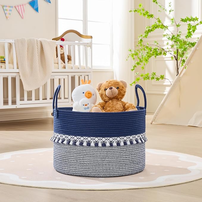KAKAMAY Large Blanket Basket with Handles, Storage Basket for Living Room | Extra Large Capacity | Natural Cotton Rope | Blanket Storage | Woven Storage Basket | Stuffed Animal Storage | Laundry Basket