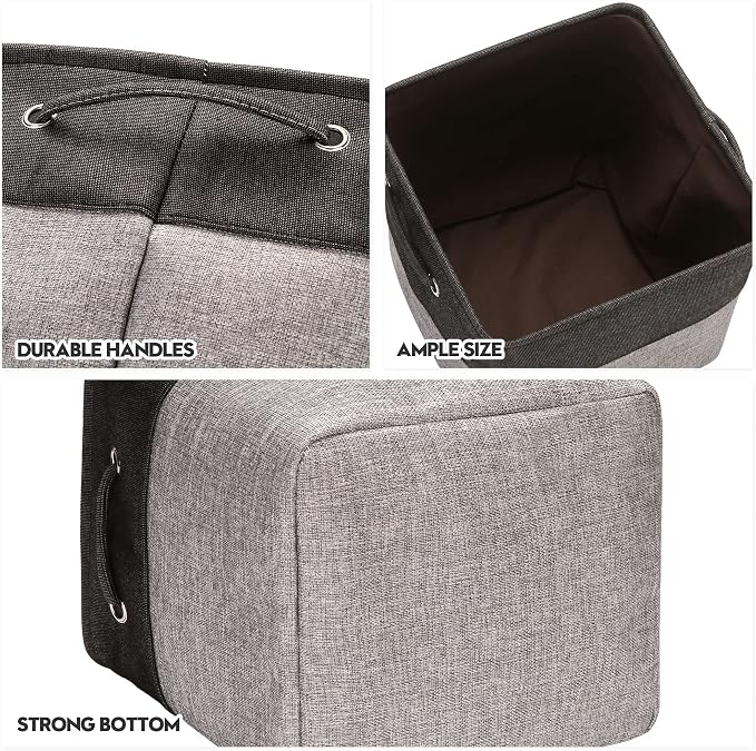 Sea Team Open-Top Canvas Storage Cubes with Handles, 11-Inch, 3-Pack | Collapsible Storage Bins, Fabric Baskets, Closet Shelf Organizers for Home and Office, Gray & Black