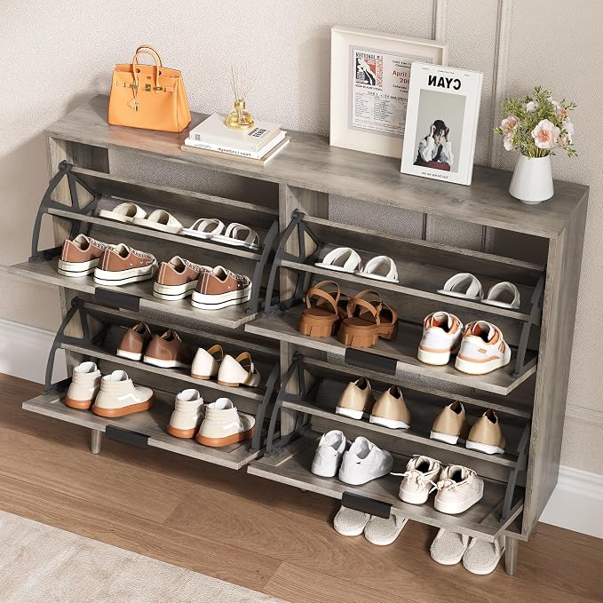 BORNOON Shoe Cabinet for Entryway with 4 Flip Drawers, Slim Wooden Shoe Storage Organizer with Modern Fluted Pannel，Freestanding Narrow Hidden Shoe Rack for Hallway, Foyer, Living Room