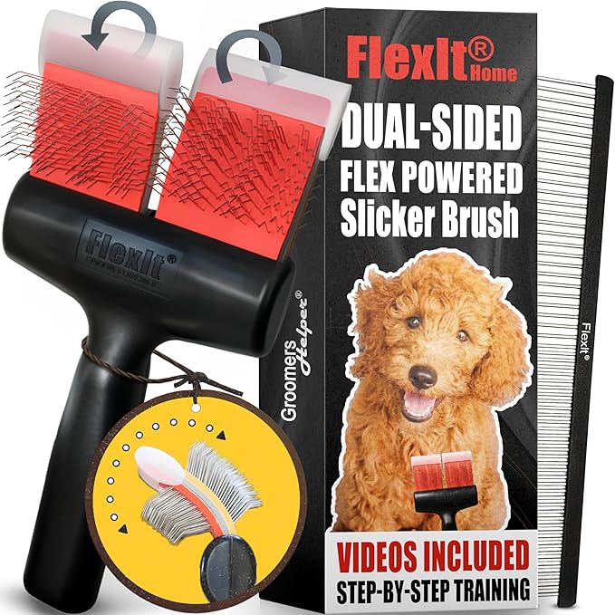 FlexIt Home - Flexible Slicker Brush for Dogs - Dog Grooming Brush for Poodles, Golden Doodles, Huskies, Retrievers, and Labradoodles - Professional 3-in-1 System & Video Trainings (Double, Soft Flex)