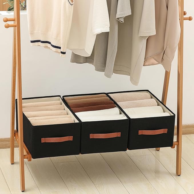 linen closet organizers and storage, 3 Pack Large Storage Baskets, Washable, Clothing Storage Bins with Handle, Closet Organizer for Storage Sweater,Sheets (Black, 18½"x11 x8½)