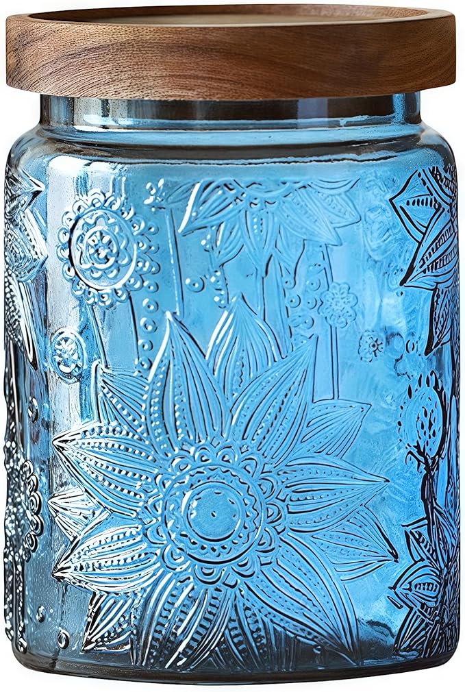 23.7 oz Blue Sunflower Glass Mason Jar, Vintage Canister with Airtight Lid | Coffee Beans, Loose Tea, Cookies, Candy, Bath Salts, Laundry Detergent, Pantry Organization, Bathroom Organization