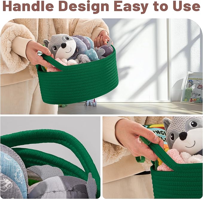 Bufims Small Woven Green Gifts Basket for Storage Empty with Ribbons and Bags Durable Cute Gifts 12"X 8" X 5" Small Rope Basket for Gifting