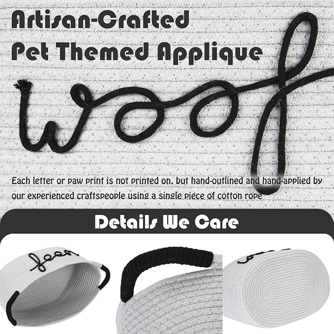 Sea Team Dog Toy Storage Basket with Handles, Gray Woof | Large Cotton Rope Storage Bin, Shelf Basket, Organizer for Pet Chew Toys, Foods, 16.5 x 11 x 7 Inches, 4.4 Gallons